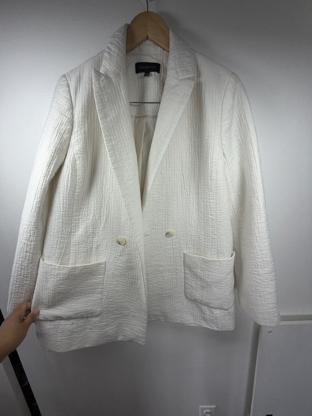Talbots White Textured Crinkle Gauze Cotton Blazer Jacket Single Button Size 10 - Picture 2 of 12